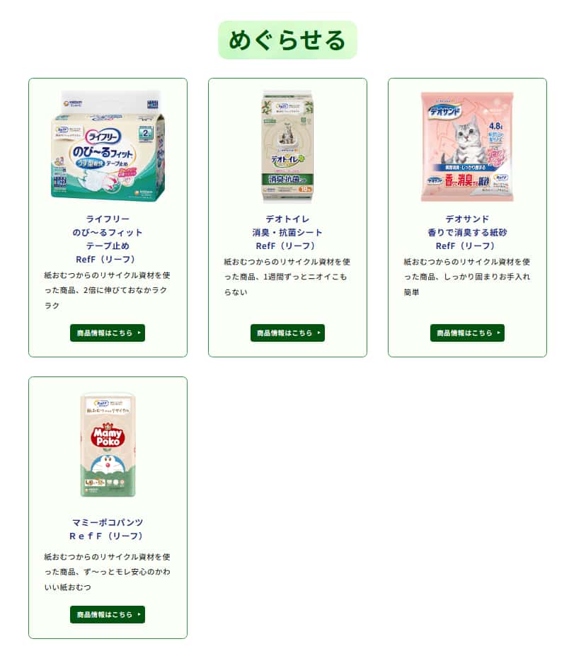 「めぐらせる」:使用済み紙パンツを回収して再び「RefF(リーフ)」※の素材として“めぐらせる”ご提案